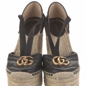 Gucci Black Leather Wedge Espadrilles with Gold Double G